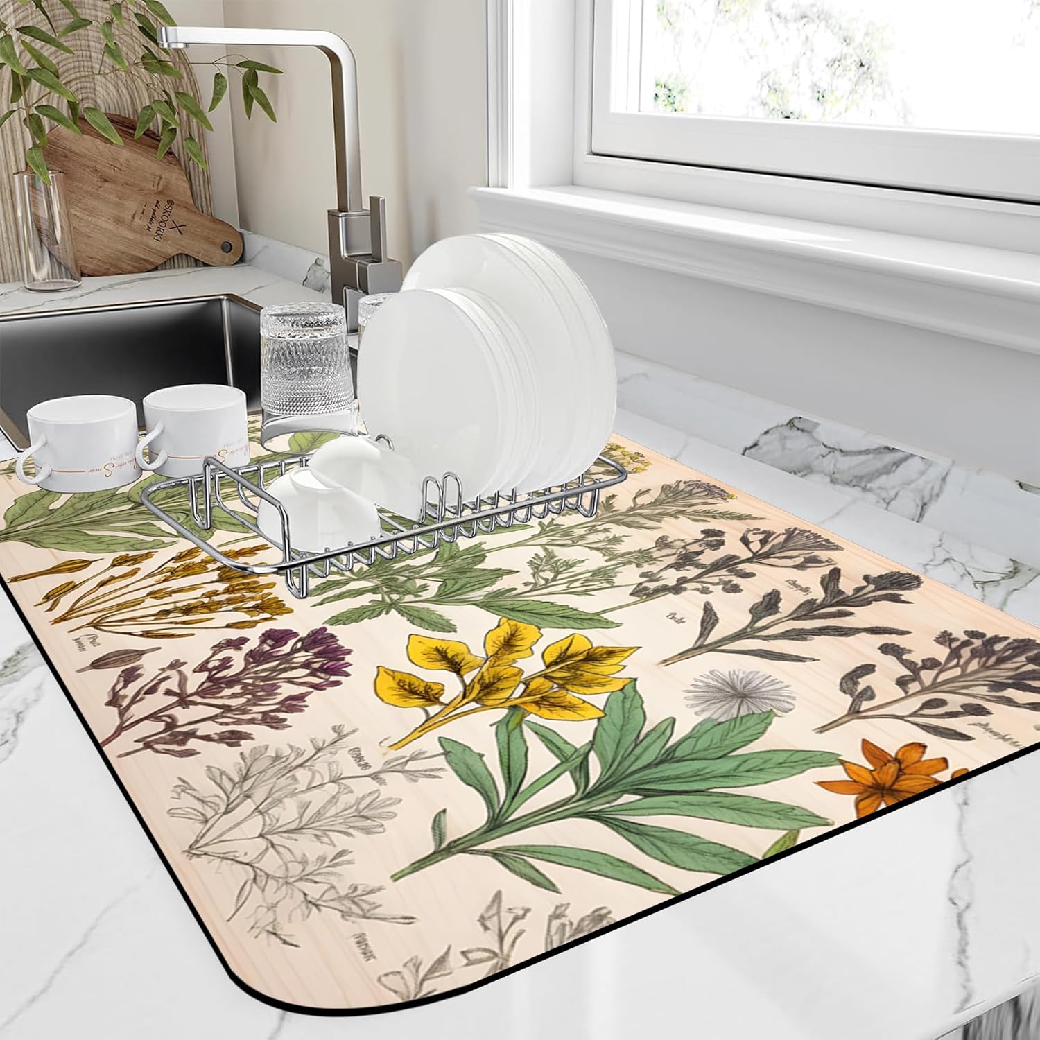 Dish Drying Mat Vibrant Bouquet of Spring Flowers Kitchen Mat 12"x19" Bsorbent Coffee Maker Mat for Dishes,Utensils Coffee Maker Pots and Pans Easy Clean Dish Slip Resistant Pad