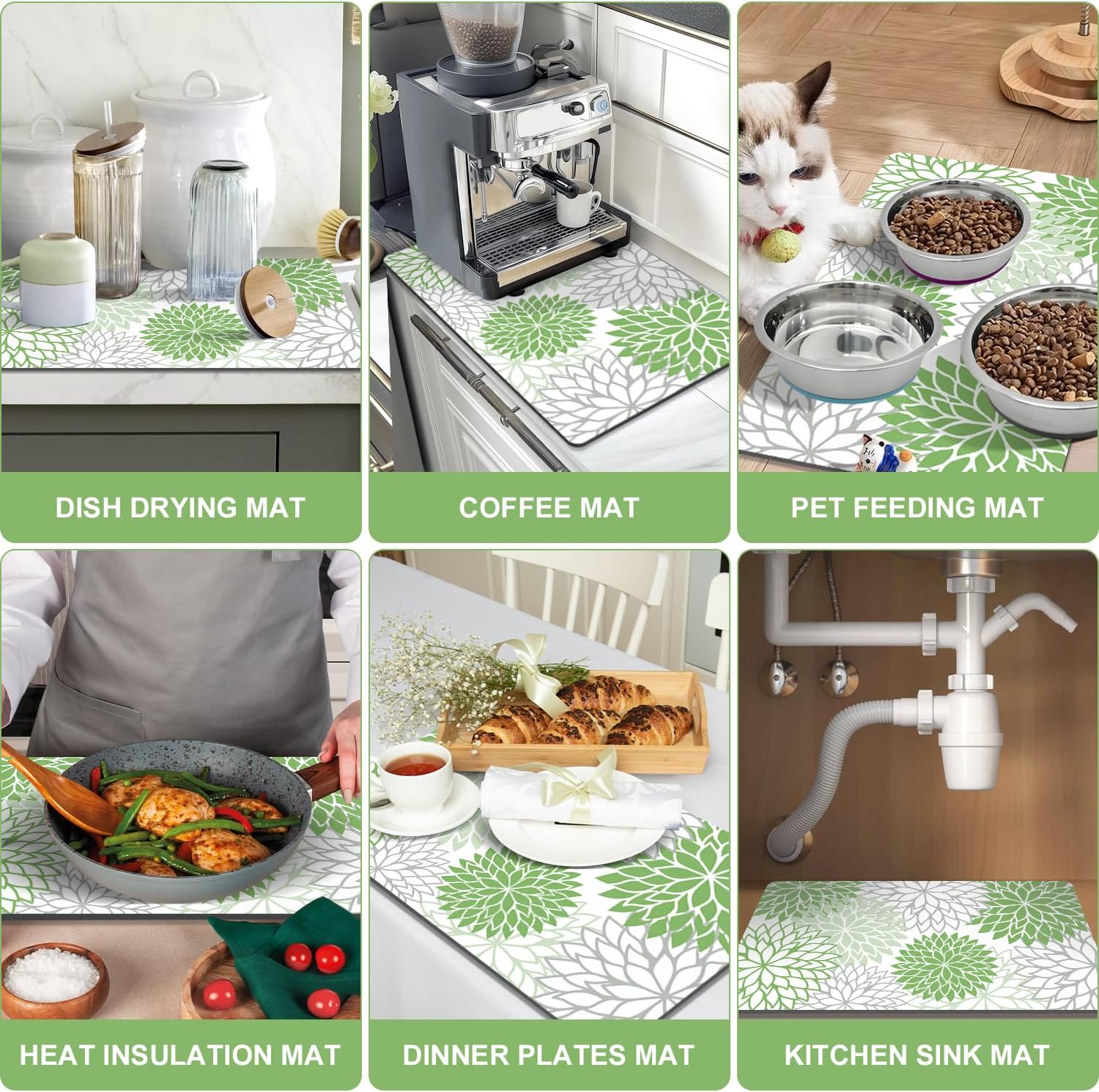 Findosom 2PCS 16" x 24" Dish Drying Mat & 24" x 5.5" Sink Splash Guard, Super Absorbent & Cuttable Dish Mat Drying Kitchen Mat with Green Floral, Hide Stain Drying Mat for Kitchen Counter