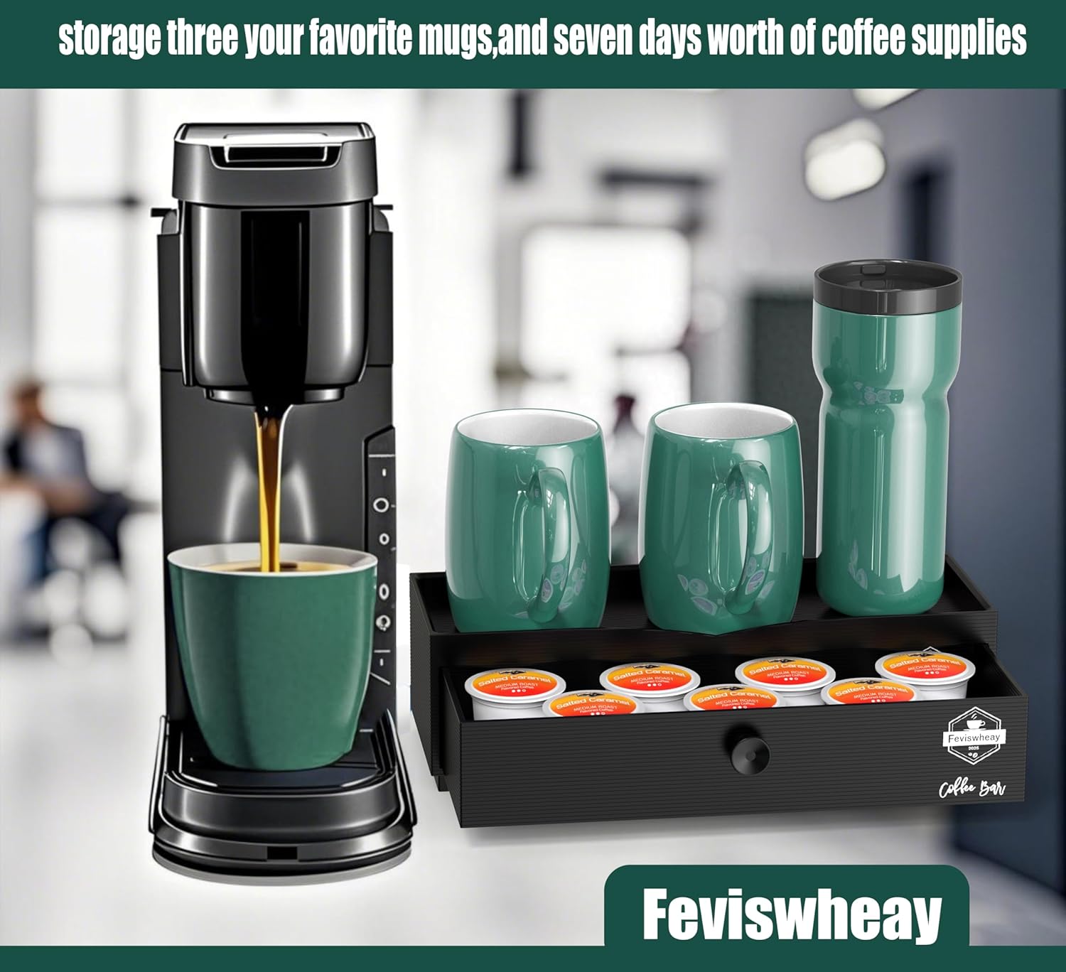 Coffee Syrup Rack Organizer,Syrup Bottle Holder Stand with K Cup Pod Drawer Storage.3 Bottles Storage Shelves for Syrup,Wine,Compact Design for Coffee Bar and Small Spaces