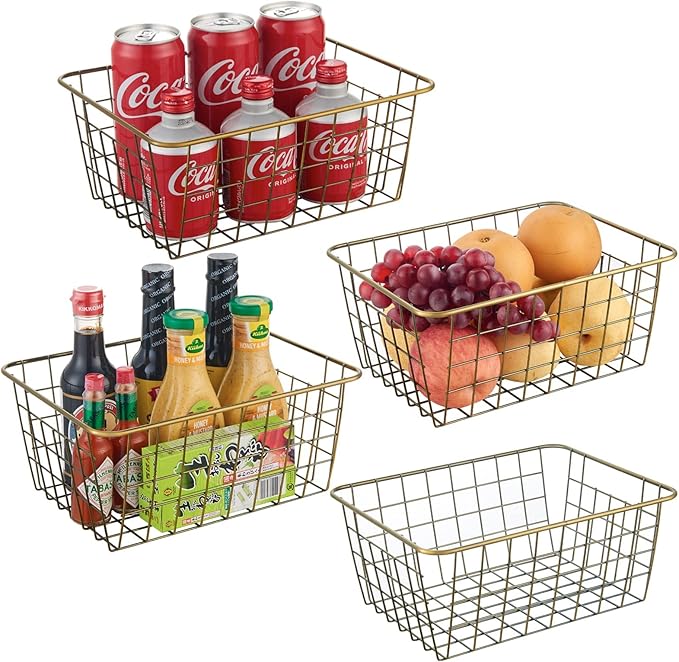 Wire Kitchen Storage Basket 4 Packs,Perfect Pantry Organization Accessories Basket,Laundry Basket,Countertop Organization, Suitable for Kitchen,Bathroom,Bedroom,Tabletop,Stackable,Bronze