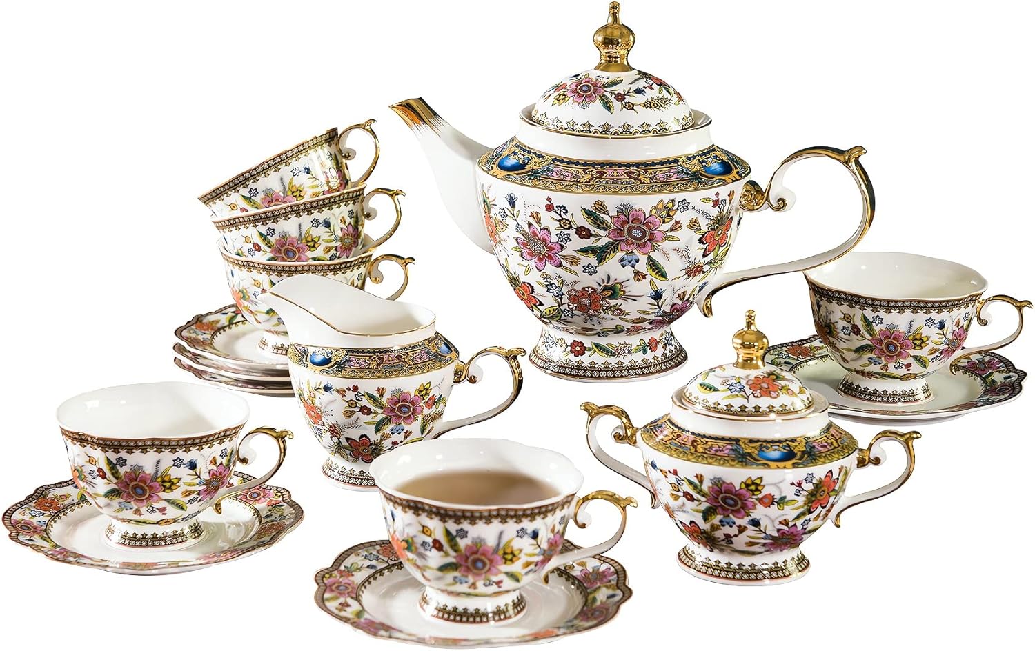 ACMLIFE Tea Set for Adults for 6, Blue and White Tea Set with Cups, Bone China Vintage Floral British English Tea Pot with Cups and Saucers for Women Party, Afternoon Service or Gift Giving (Pink)