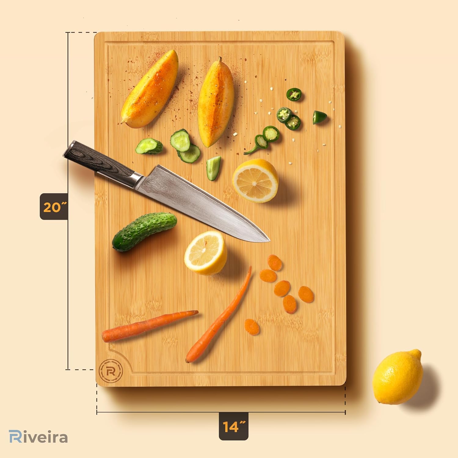 Riveira Cutting Boards For Kitchen – Gourmet Bamboo Grandeur: 20 x 14 Inches Bamboo Wood Cutting Board – Natural Non Toxic Cutting Board – Innovative Juice Grooves Wood Cutting Boards For Kitchen
