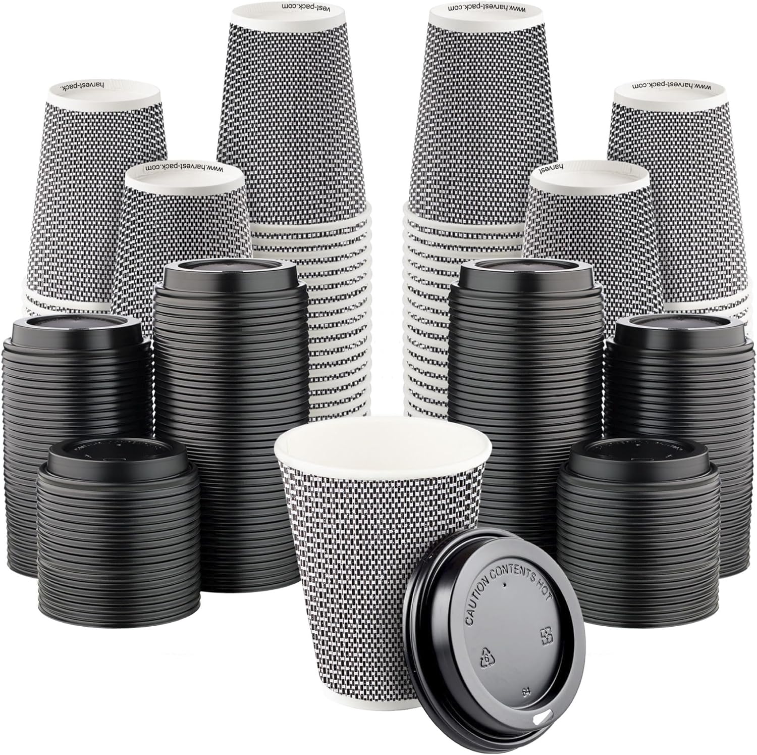 [400 SET]Harvest Pack 12 oz Disposable Coffee Cups, Insulated Ripple Double-Walled Paper Cup with Lid, Black and White Geometric, Tea Hot Chocolate Drinks To go coffee cups