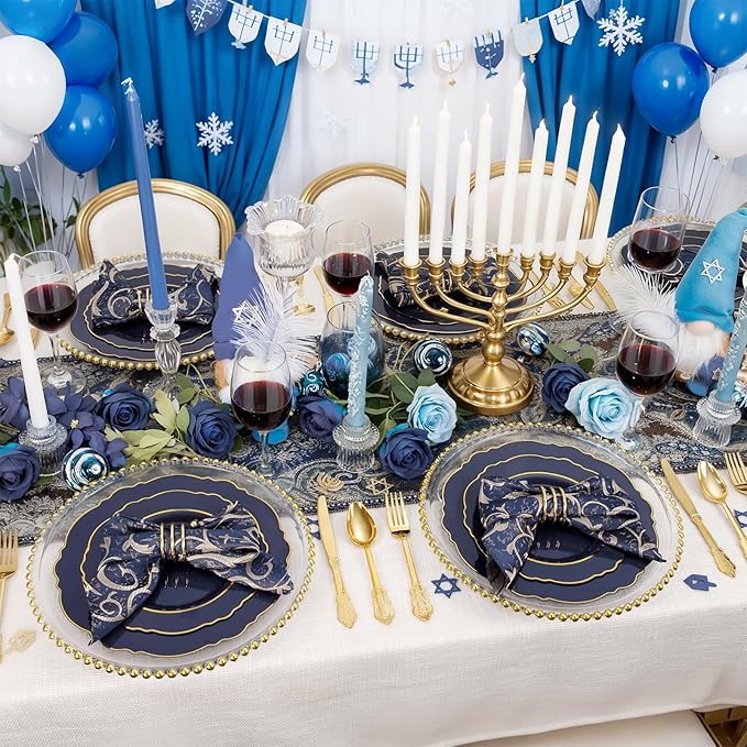 KIRE 210Pcs Navy Blue Plastic Plates - Blue Plates Disposable - 30guest Baroque Plastic Dinnerware for Hanukkah/Upscale Wedding/Parties