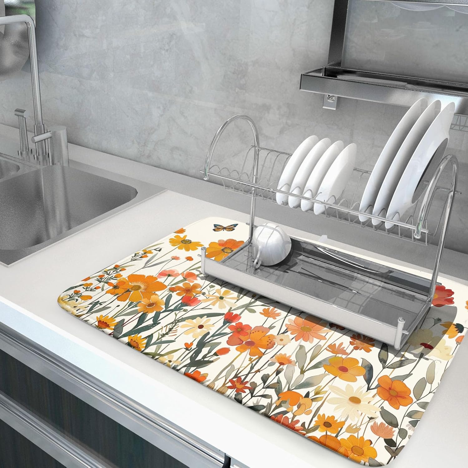Fall Orange Wildflower Dish Drying Mat for Kitchen Counter,Autumn Floral Butterflies Drying Mat 18 x 24 Inch with Absorbent Reversible Microfiber Dish Drying Pad Dish Pad for Coffee Bar