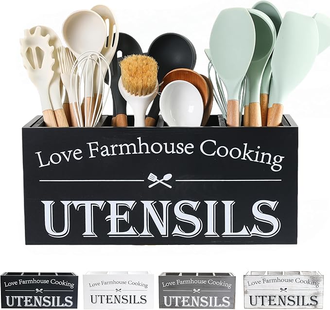 Kitchen Utensil Holder,Farmhouse Wooden Utensil Holder For Kitchen Counter,Extra Large Cooking Spatula Organizer,Big Storage With 4 Compartments Flatware Spoon Tool Cutlery（Black）