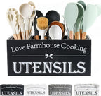 Kitchen Utensil Holder,Farmhouse Wooden Utensil Holder For Kitchen Counter,Extra Large Cooking Spatula Organizer,Big Storage With 4 Compartments Flatware Spoon Tool Cutlery（Black）
