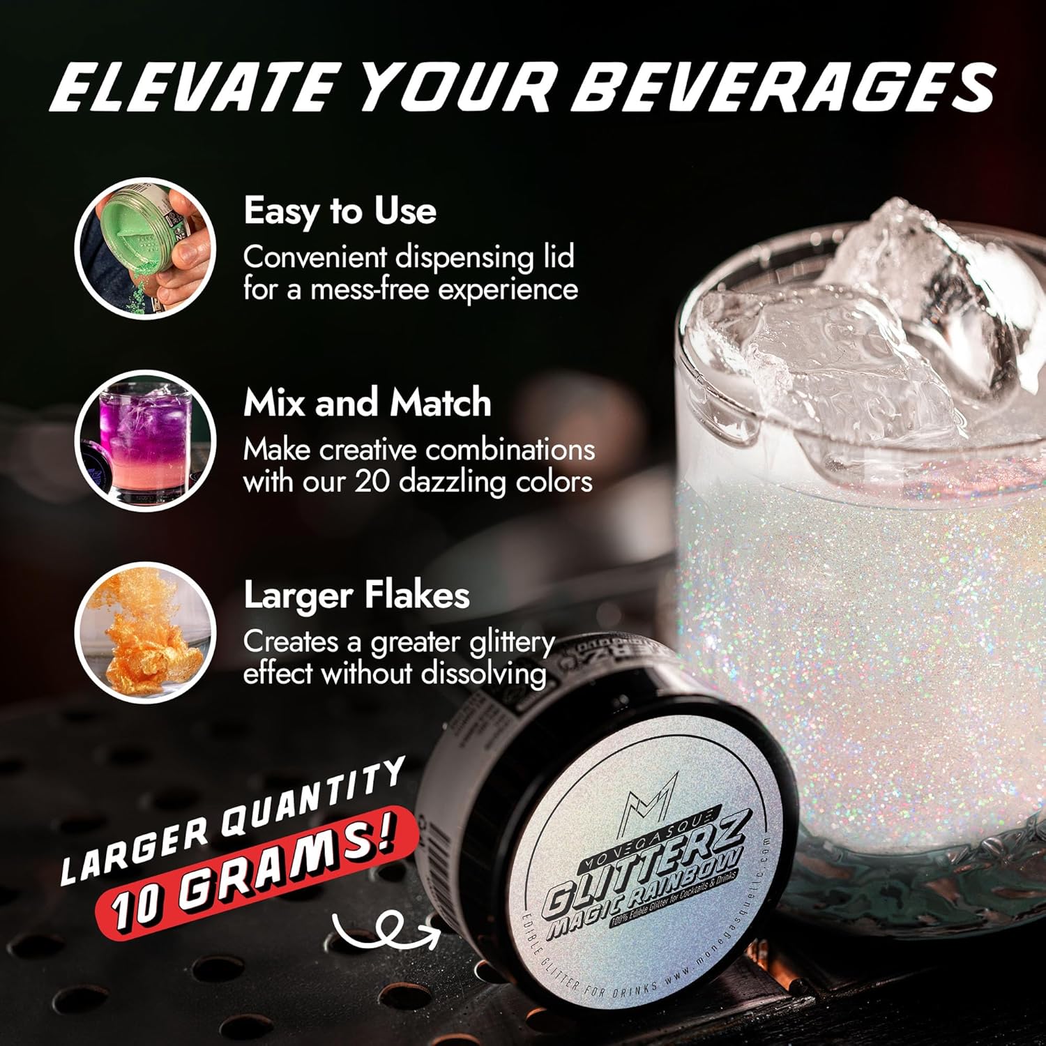 MONÉGASQUE Magic Rainbow Edible Glitter for Drinks 10g – Edible Glitter for Cakes & Cocktails – Cocktail & Drink Shimmer Powder – Sparkles for Drinks – Halloween Food & Cake Decorations Spray Dust