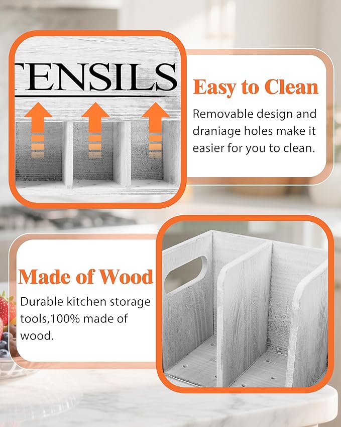 Kitchen Utensil Holder for Kitchen Counter Large Wooden Organizer for Cooking Utensils Utensil Holder Counter Rustic Décor