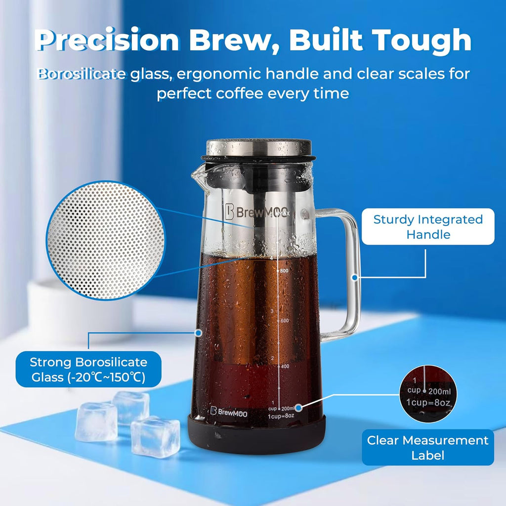 Sleek Cold Brew Coffee Pitcher & Iced Tea Maker - 1.0L/34oz Borosilicate Glass Carafe with Stainless Steel Filter, Sealed Lid & Integrated Handle, Dishwasher Safe (Black)