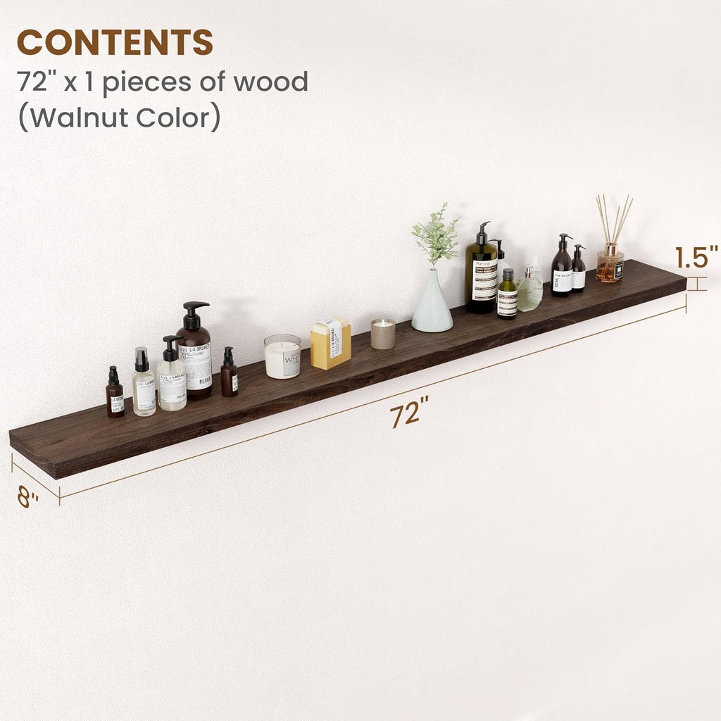 Floating Shelves for Wall Decor, 8 Inch Deep Rustic Solid Elm Wood Floating Shelves Wall Mounted, Wall Shelves with Invisible Bracket for Living Room Bathroom Bedroom Kitchen, 72 Inch Set of 1, Walnut