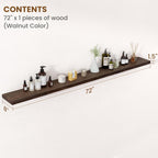 Floating Shelves for Wall Decor, 8 Inch Deep Rustic Solid Elm Wood Floating Shelves Wall Mounted, Wall Shelves with Invisible Bracket for Living Room Bathroom Bedroom Kitchen, 72 Inch Set of 1, Walnut