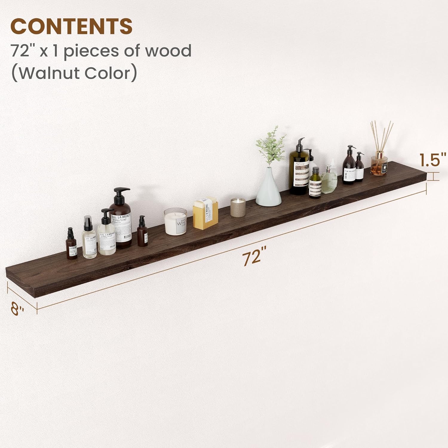 Floating Shelves for Wall Decor, 8 Inch Deep Rustic Solid Elm Wood Floating Shelves Wall Mounted, Wall Shelves with Invisible Bracket for Living Room Bathroom Bedroom Kitchen, 72 Inch Set of 1, Walnut