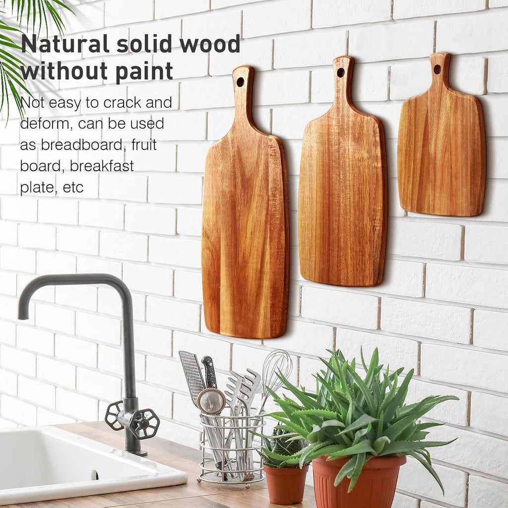 Kathfly 3 Pcs Acacia Wood Cutting Board with Handle Wooden Laser Kitchen Serving Charcuterie Board for Vegetables Meat Pizza Cheese Fruit Bread(17x7, 14x7, 10x7 Inch)