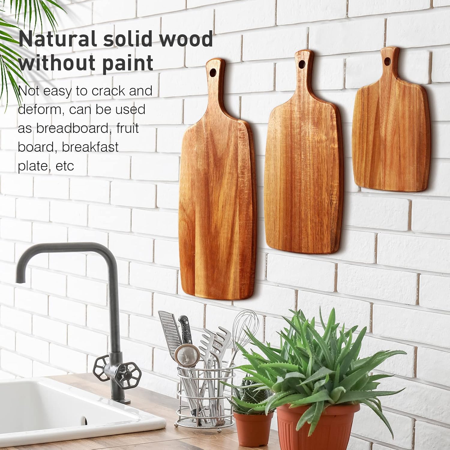 Kathfly 3 Pcs Acacia Wood Cutting Board with Handle Wooden Laser Kitchen Serving Charcuterie Board for Vegetables Meat Pizza Cheese Fruit Bread(17x7, 14x7, 10x7 Inch)