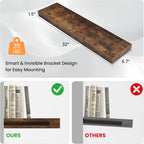 Floating Shelves for Wall, 31.5"W x 6.7"D x 1.5"H, Wooden Wall Mounted Display Shelf with Invisible Brackets for Living Room, Bedroom, Bathroom, Kitchen Decor & Storage, Set of 2, Rustic Brown