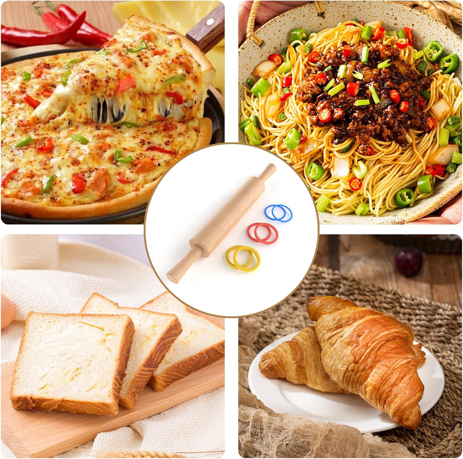 Classic Wooden Rolling Pin with Handle and Pastry Mat for Fondant, Pizza, Pies, Cookies, Rolling Pin for Baking with 3 Multi-Color Thickness Rings, 17" x 2.5" Natural Beechwood