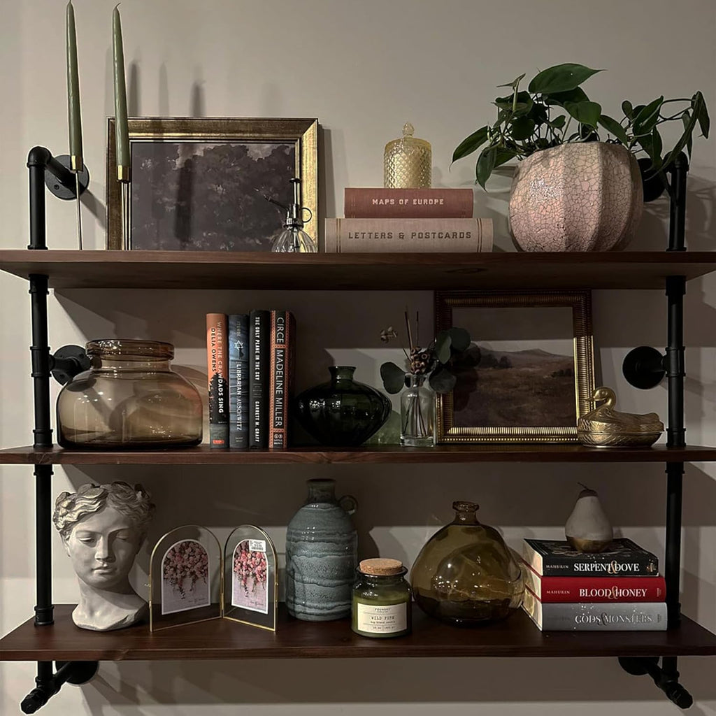 Industrial Pipe Wall Shelves Pipe Shelving with Real Wood Plank,48 Inches Floating Shelves for Wall Farmhouse Pipe Book Shelves Dark Brown 3 Tier for Kitchen,Living Room Decor and Bar Shelving