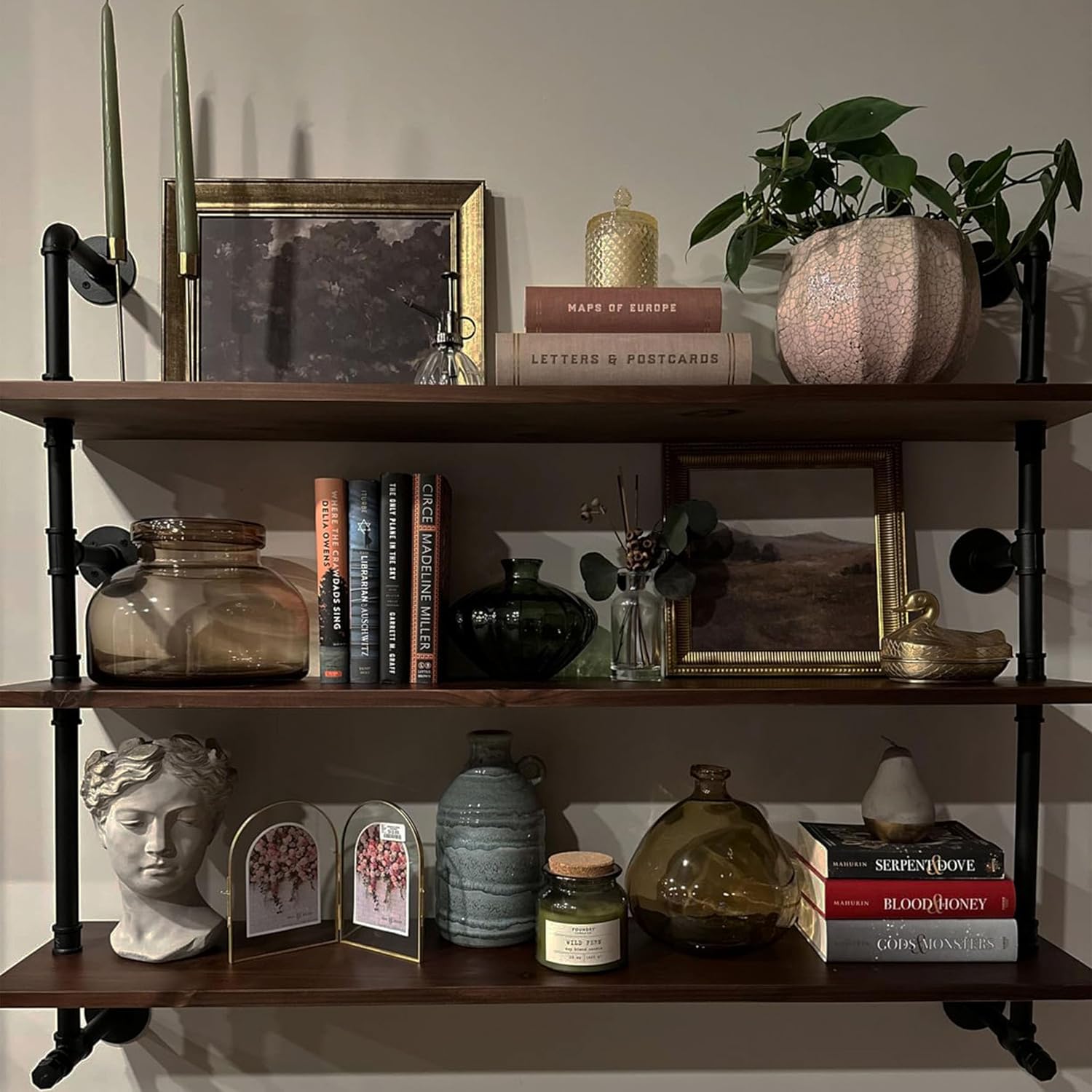 Industrial Pipe Wall Shelves Pipe Shelving with Real Wood Plank,48 Inches Floating Shelves for Wall Farmhouse Pipe Book Shelves Dark Brown 3 Tier for Kitchen,Living Room Decor and Bar Shelving