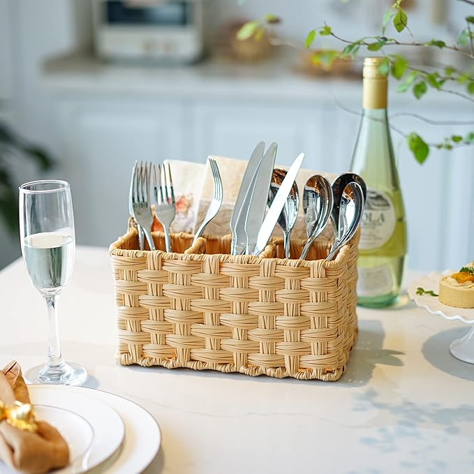 GRANNY SAYS Wicker Utensil Caddy, Utensils Holder Buffet Caddy, Spoon Cutlery Holder Utensils Organizer, Condiment Organizer Silverware Holder, Utensil Organizer for Countertop
