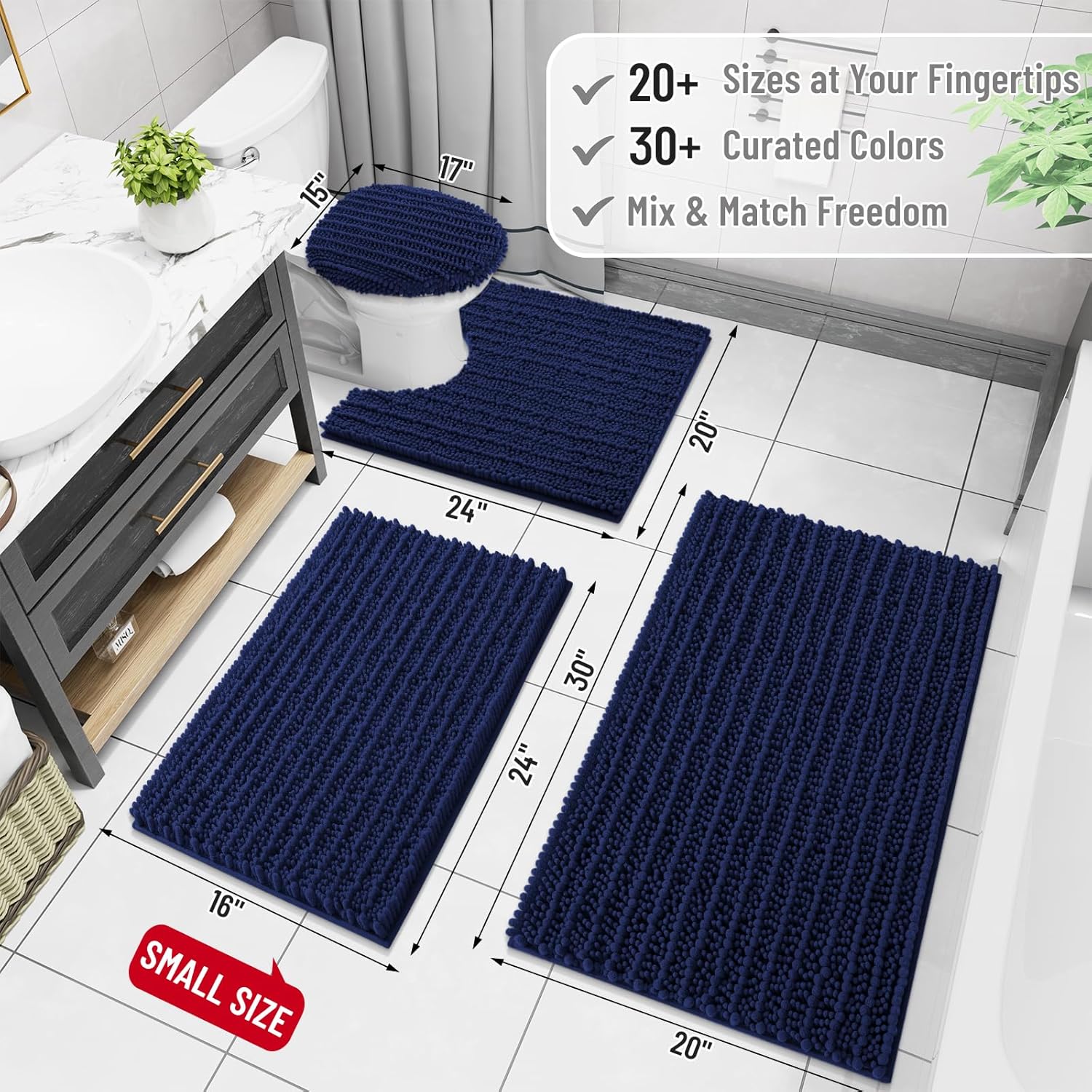 Arotive Luxury Chenille Bathroom Rug Mat, Extra Soft Thick Absorbent Shaggy Bath Rugs, Non-Slip Machine Wash Dry, Plush Bath Mats for Bathroom, Shower and Tub, 40x24, Navy