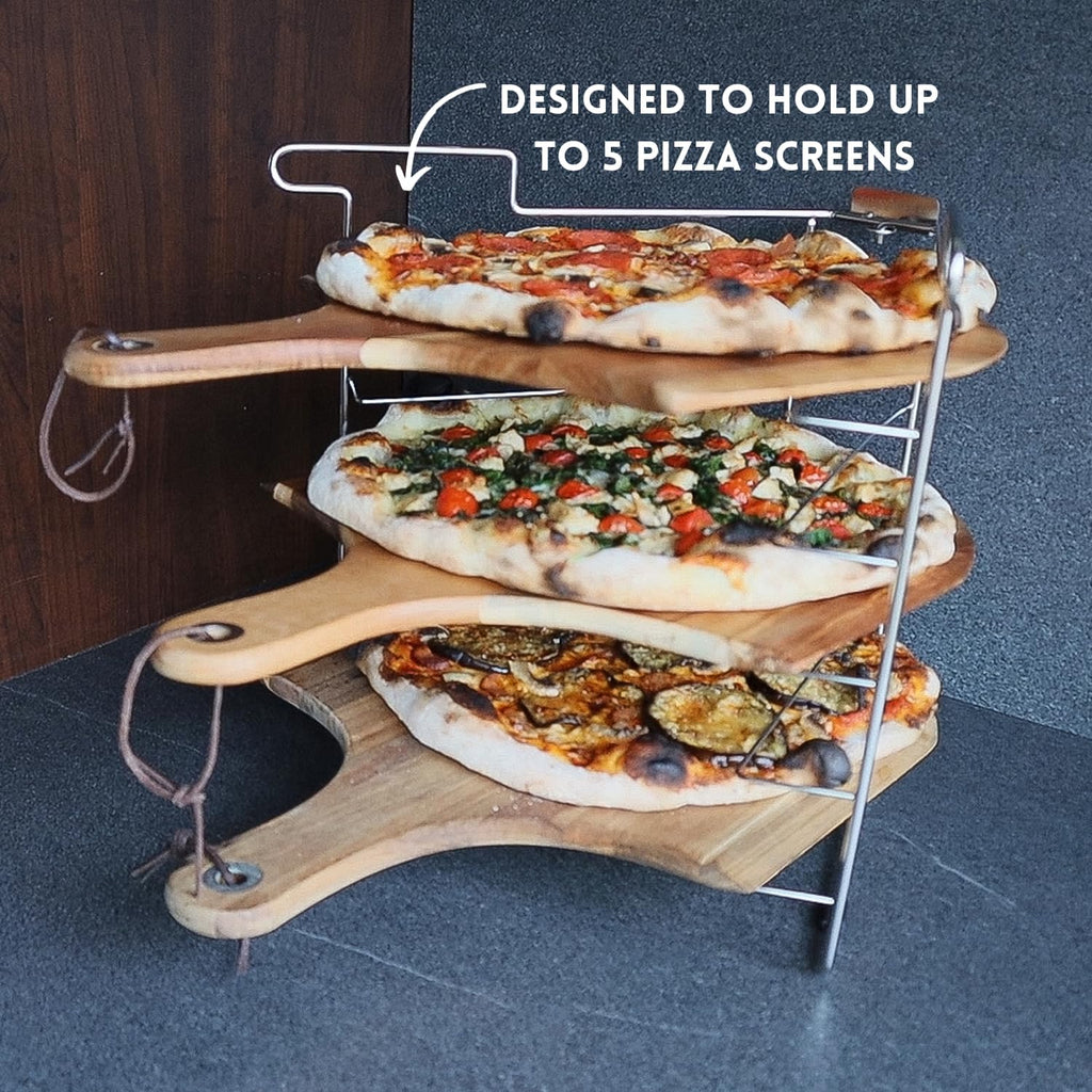 Folding Pizza Rack with Five 14 Inch Pizza Screens - Compact and Convenient Design for Easy Storage and Baking Multiple Pizzas