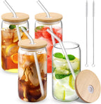 Glass Cups with Lid and Straw, 16oz Beer Glasses Glass Coffee Cups, Iced Coffee Cups with Lid, Glass Tumbler with Straw and Lid (4 PACK)