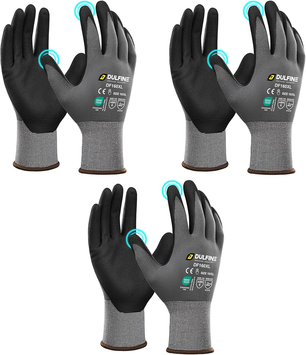 DULFINE Safety Work Gloves MicroFoam Nitrile Coated-3 Pairs Pack,Seamless Knit Nylon Glove with Black Micro-Foam Nitrile Grip,Ideal for General Purpose,Automotive,Home Improvement,Painting(XX-Large)