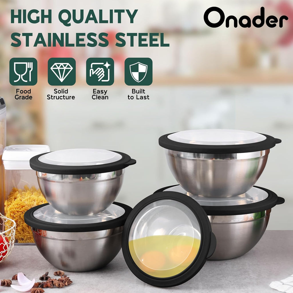 Stainless Steel Mixing Bowls with Black Lids, Metal Nesting Mixing Bowl Set of 5 - Size 1.5, 2, 2.6, 3.5, 4.6QT