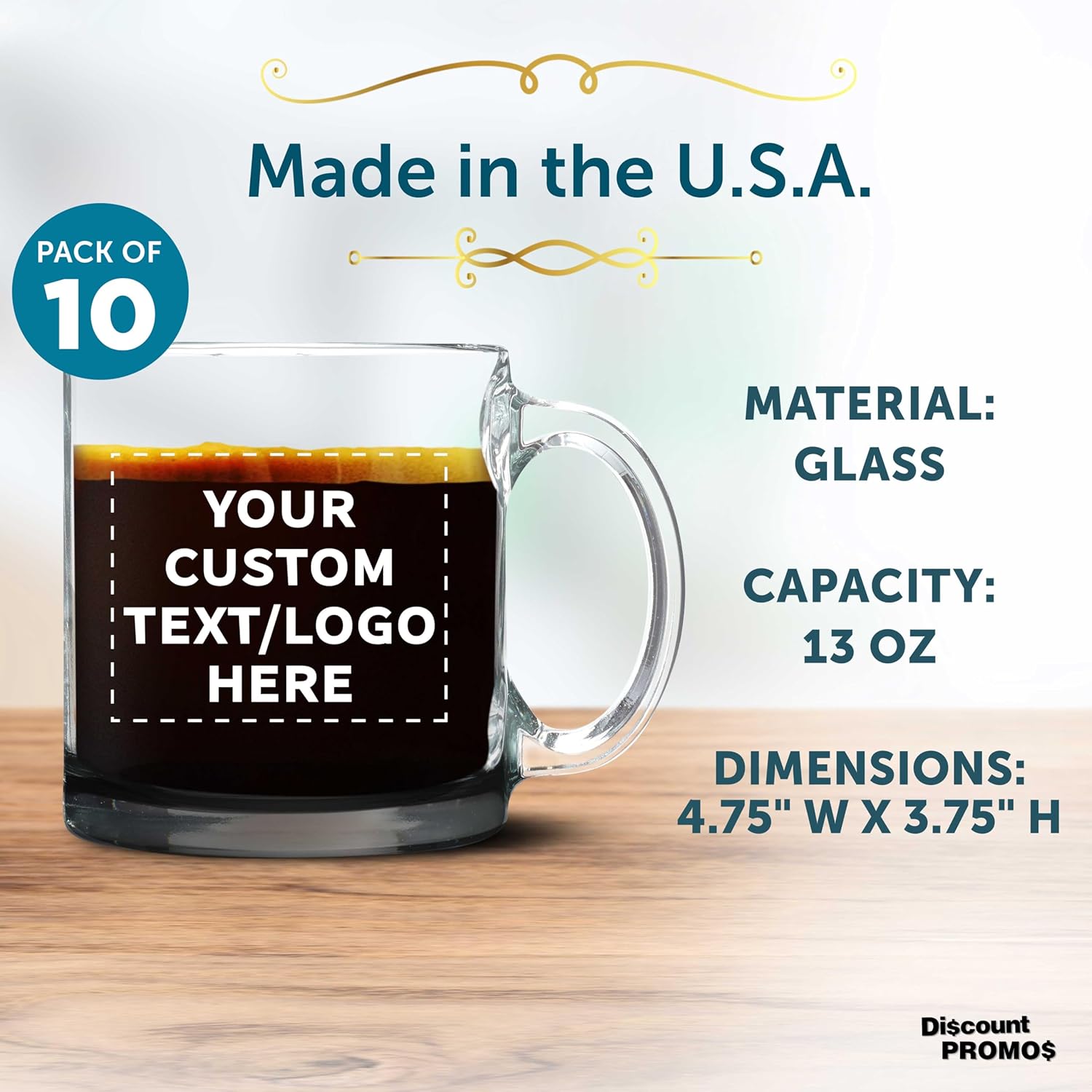 Custom Libbey Clear Glass Coffee Mugs 13 oz. Set of 10, Personalized Bulk Pack - Perfect for Coffee, Tea, Espresso, Hot Cocoa, Other Beverages - Black Bottom