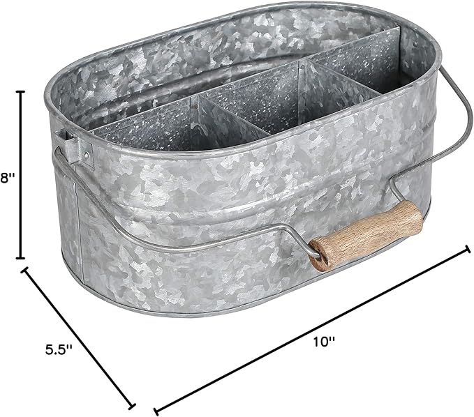 Alpha Living Home Galvanized Metal Utensil Caddy - Rustic Farmhouse Organizer Metal Garden Caddy with 4 Compartments and Wooden Handle for Kitchen, Buffet & Outdoor Events (Silver)