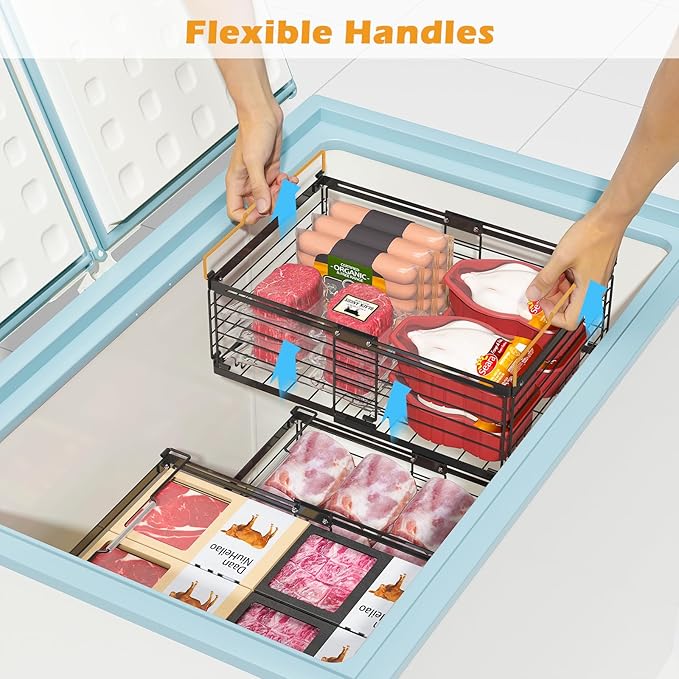 NADAMOO Freezer Organizer Bins, 2 Packs Large Expandable Stackable Chest Freezer Containers with Handle, Metal Adjustable Storage Baskets for Fridge, Deep Freezer, Cabinet, Kitchen, Pantry - Black