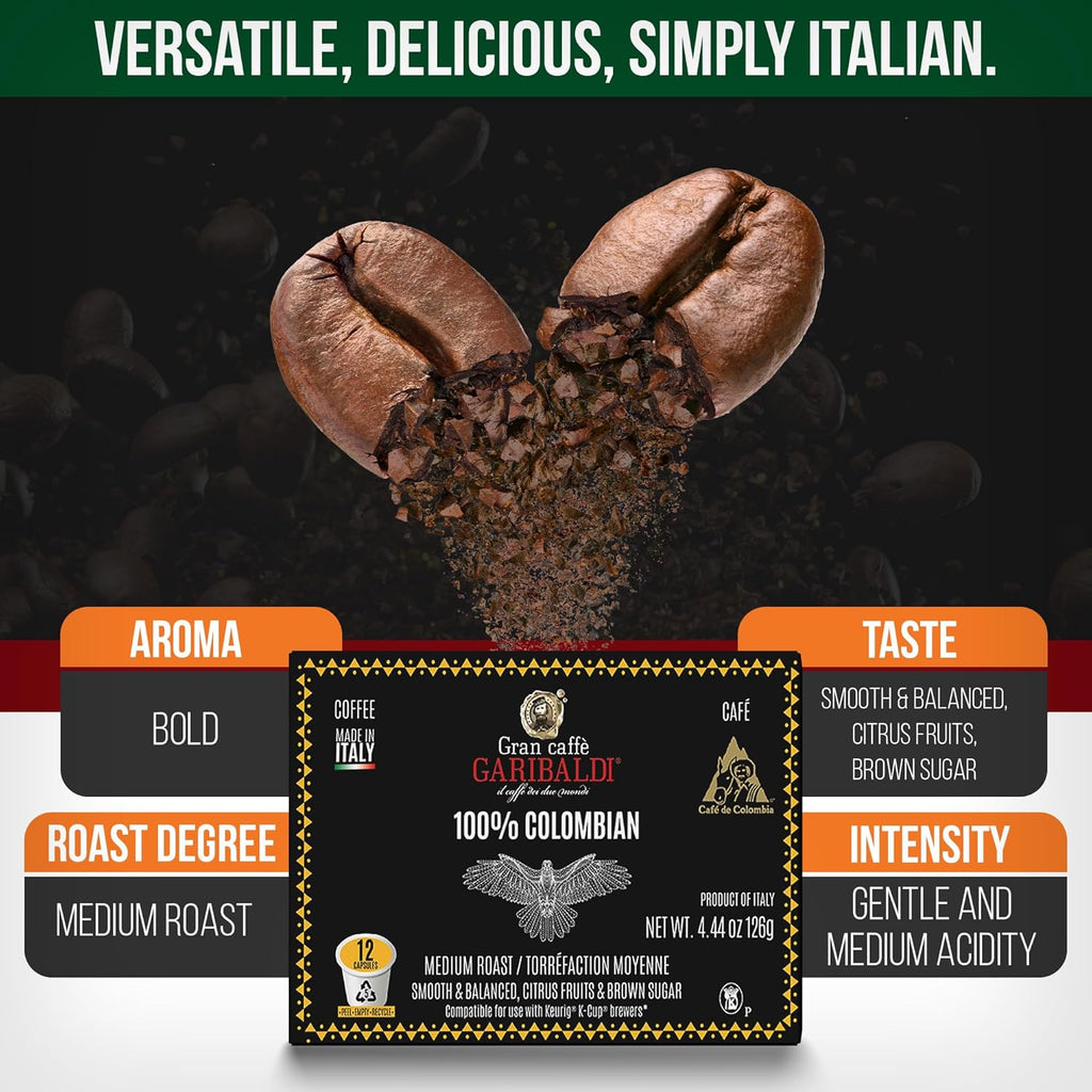 Caffè Garibaldi Colombian Coffee Pods, for Keurig K-Cup Brewers, Single Serve Cups, 100% Arabica Blend for Coffee Makers, 72 Count Recyclable Pods - Medium Roast