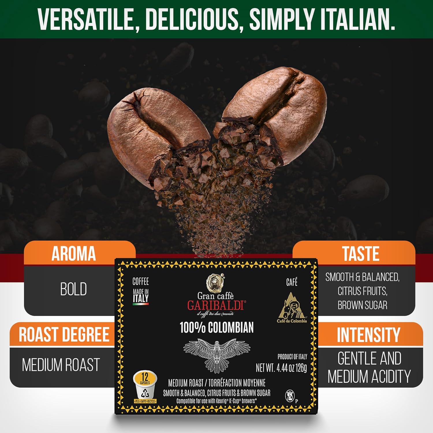 Caffè Garibaldi Colombian Coffee Pods, for Keurig K-Cup Brewers, Single Serve Cups with 100% Arabica Blend for Coffee Makers, 12 Count Recyclable Pods - Medium Roast