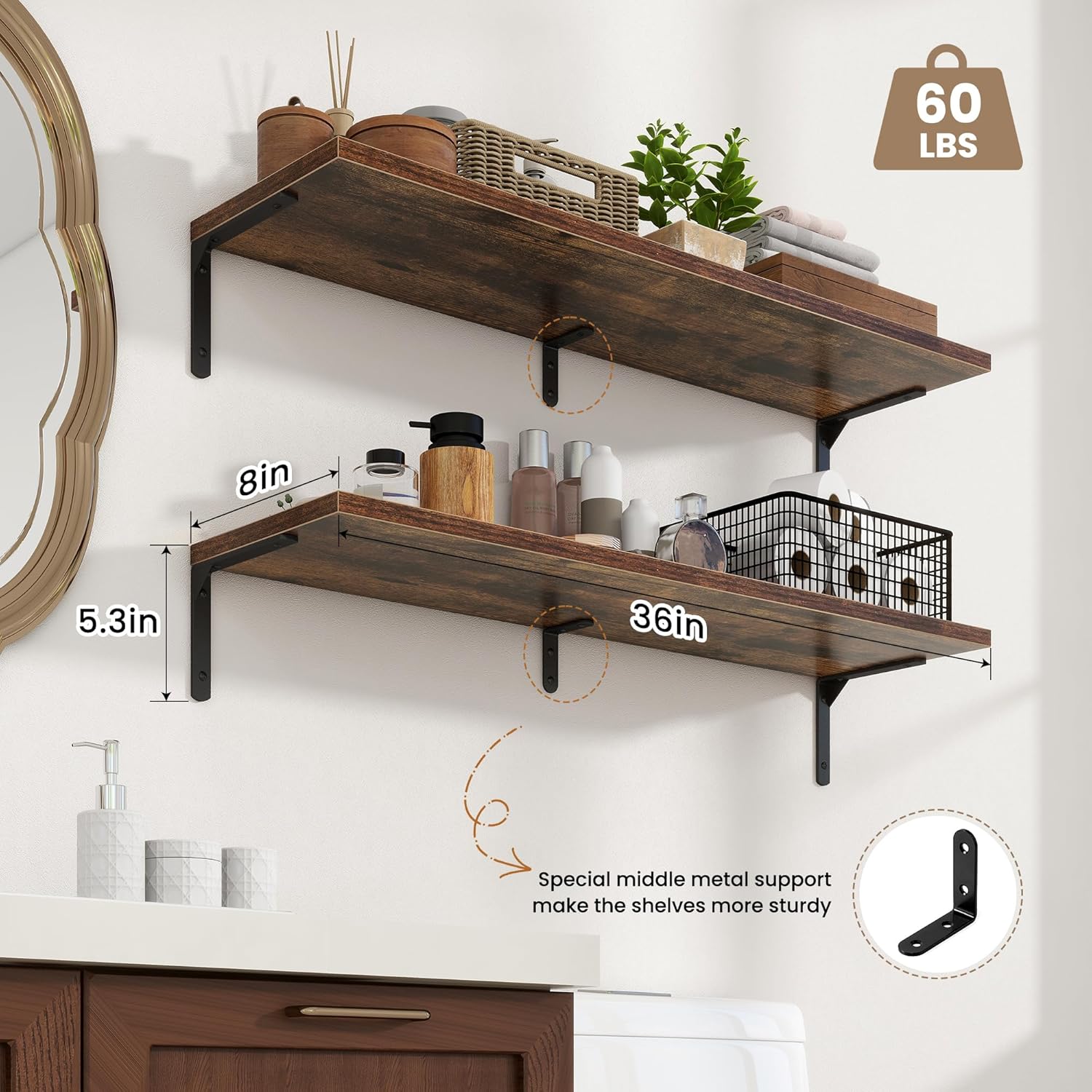 Fun Memories Deep Floating Shelves, 36W x 8D Floating Shelves Set of 2, Wall Mounted Shelf with Metal Brackets, Rustic Wood Wall Shelf for Bathroom, Kitchen and Living Room, Rustic Brown