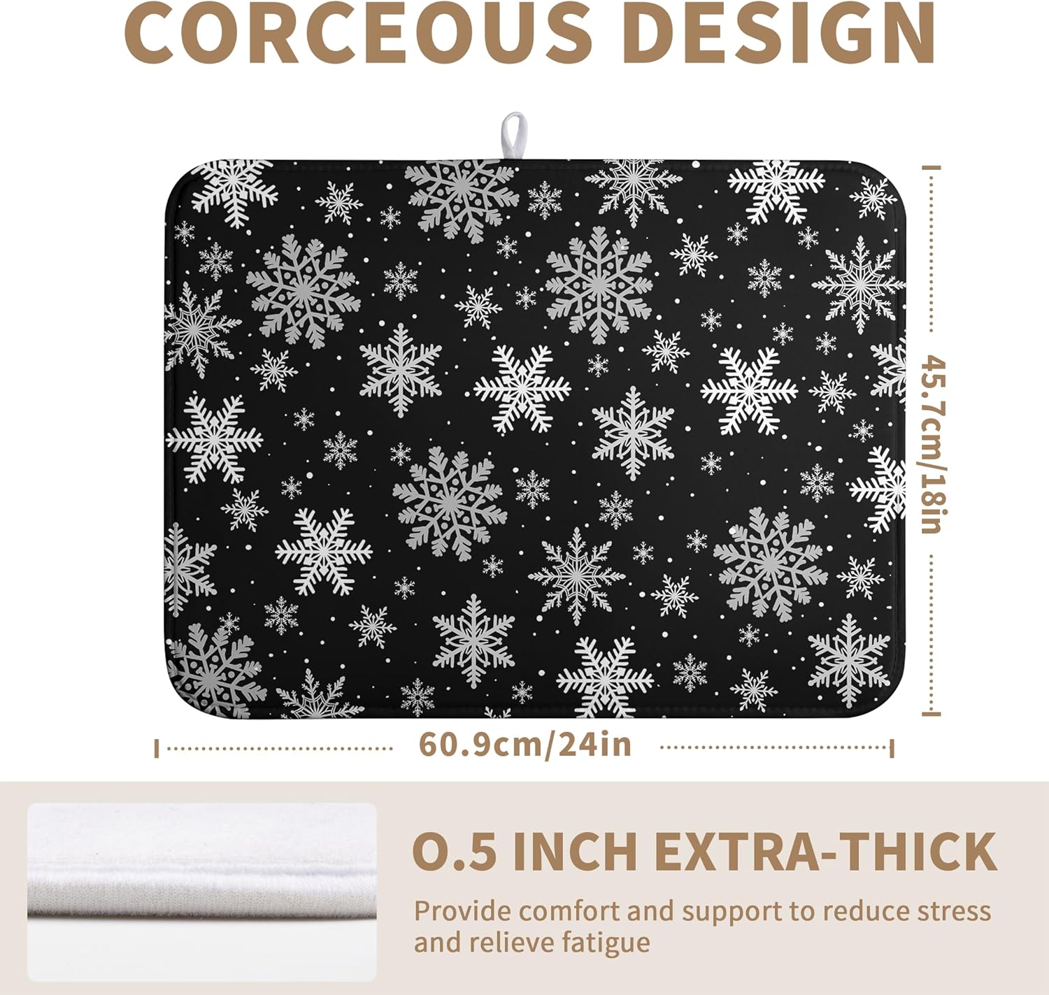 Winter Snowflake Black Dish Drying Mat Christma Snowflakes Large Kitchen Mats Dish Drying Pad Absorbent Dish Dryer Mat for Kitchen Countertops Microfiber Drainer Pad Dish Drying Mats (18x24 in)