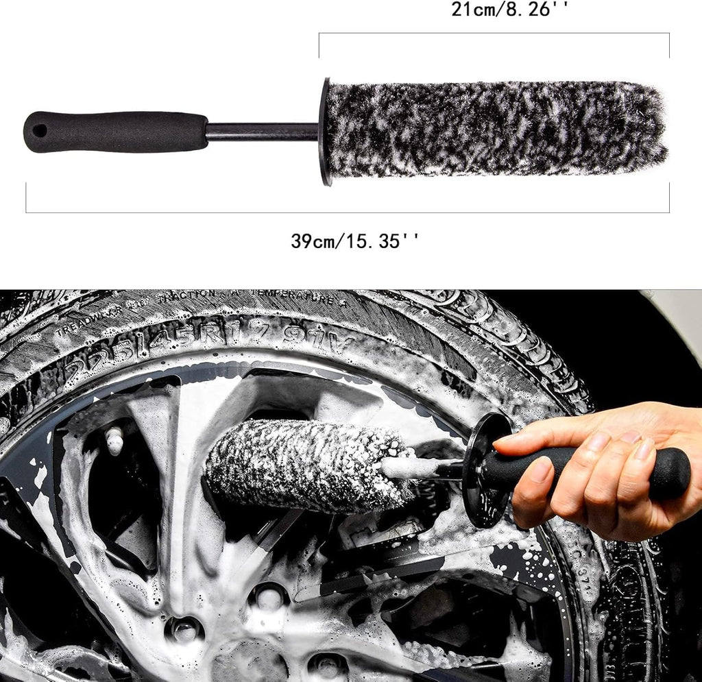 Car Wheel Rim Brush Kit, Woolies Wheel Brush, Car Cleaning Brush Fiber Rod, Steel Ring Fiber Cleaning Brush, Long Non-Slip Handle Clean Brush, Great to Clean Car Wheel Rim