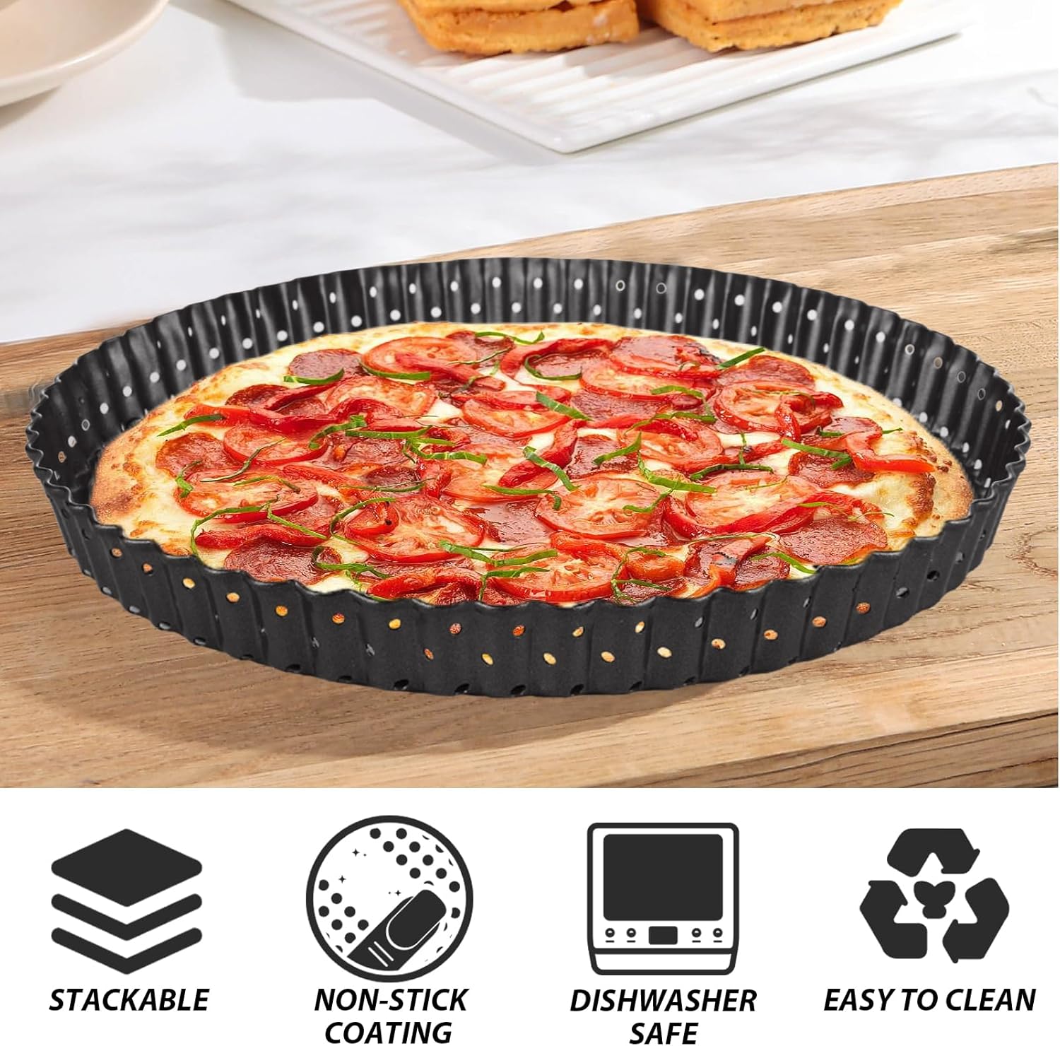 SENENQU 2 PCS 9 Inch Non-Stick Tart Pan, Pie Tart Quiche Pans Removable Bottom Tart Pans Non Stick Pie Pan, Loose Bottom Fluted Tart Pan Round Pot Quiche Pan for Oven Baking