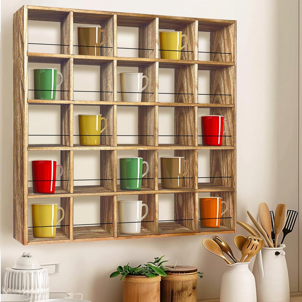 Montex Coffee Mug Holder, Mug Rack Wall Mounted, 3 Tier Coffee Mug Shelf, Rustic Coffee Mug Display Rack for Kitchen, Home, Coffee Bar(25 Grids)