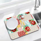 Rubber Dish Drying Mat for Kitchen Counter Large Boho Flowers Washable Quick Home Coffee Pad Fit Under Sink,Bar,Utensils 18x24in