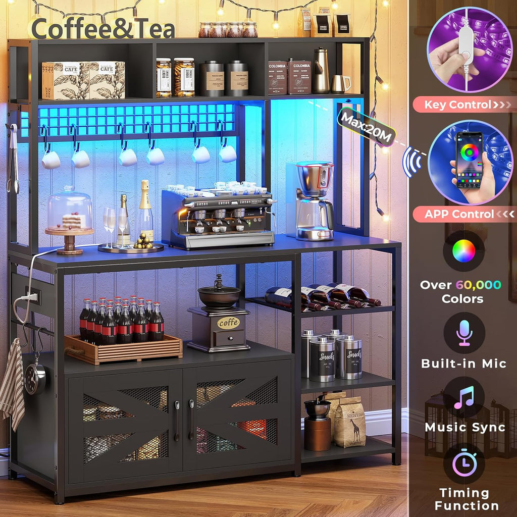 Itaar 47.2 Inch Bakers Rack with Power Outlet, Microwave Stand with Storage, Farmhouse Coffee Bar Cabinet Station with Wine Rack, Iron Grid and 8-S Hooks (Black)