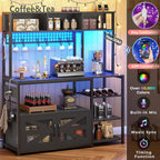 Itaar 47.2 Inch Bakers Rack with Power Outlet, Microwave Stand with Storage, Farmhouse Coffee Bar Cabinet Station with Wine Rack, Iron Grid and 8-S Hooks (Black)