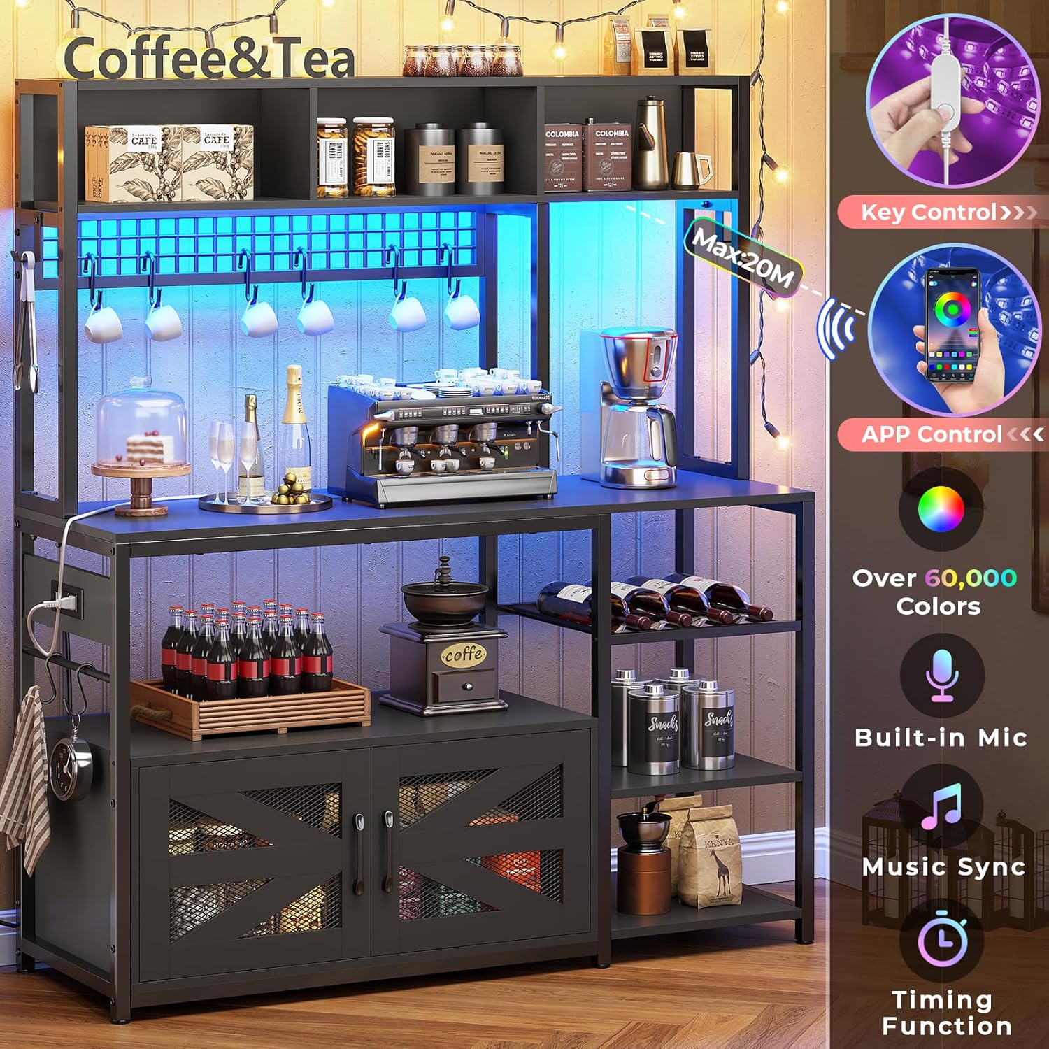 Itaar 47.2 Inch Bakers Rack with Power Outlet, Microwave Stand with Storage, Farmhouse Coffee Bar Cabinet Station with Wine Rack, Iron Grid and 8-S Hooks (Black)