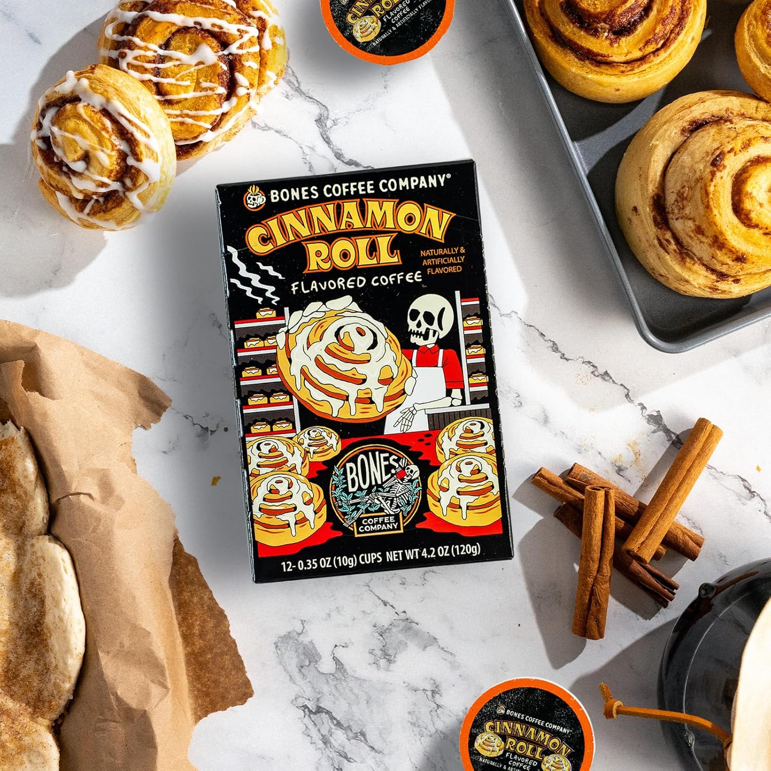Bones Coffee Company Cinnamon Roll Flavored Coffee Pods, Low Acid Medium Roast Single-Serve Bones Cups, Compatible with 1.0 & 2.0 K-Cups Brewers Coffee Maker, 12 Count