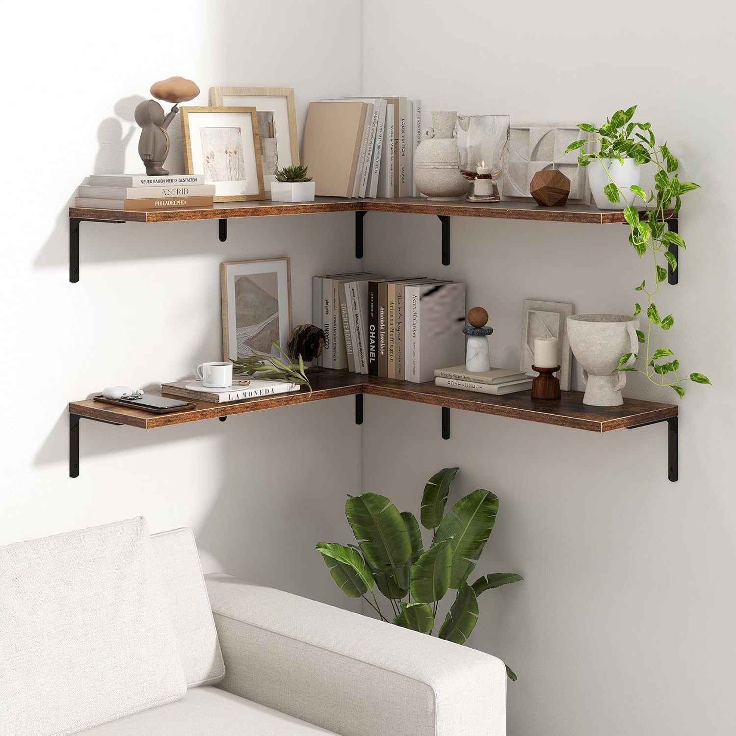 Fun Memories Deep Floating Shelves, 32W x 8D Floating Shelves Set of 2, Wall Mounted Shelf with Metal Brackets, Rustic Wood Wall Shelf for Bathroom, Kitchen and Living Room, Rustic Brown