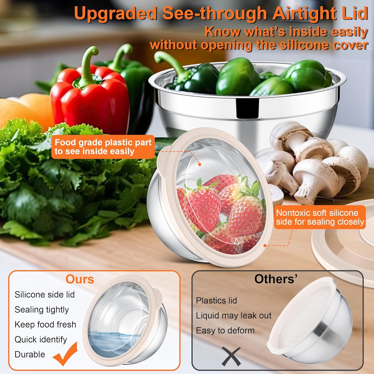 E-far Mixing Bowls Set of 5, Stainless Steel Salad Mixing Bowl with Transparent Lid, Metal Nesting Bowl Attach with 3 Graters for Kitchen Prepping/Serving/Baking/Storage, 4.6/2.6/1.5/1/0.7 QT - Khaki