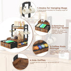 Homeiju Coffee Station Organizer, 40 Coffee Pods Storage & 8 Mug Hooks,Nespresso Pods Holder, Space-Saving Countertop Storage, Rustic Brown