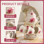20-Pieces Tea Set For Adult with Golden Metal Rack,Porcelain Tea Sets For Women,Tea Gift Sets for Home&Party(015)
