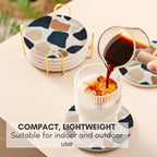 Black Terrazzo Drink Absorbent Coasters with Holder Set of 6, Ceramic Coaster for Drinks, Coffee Table Decor, Water Absorbing Stone Coaster for Drinks (Midnight)