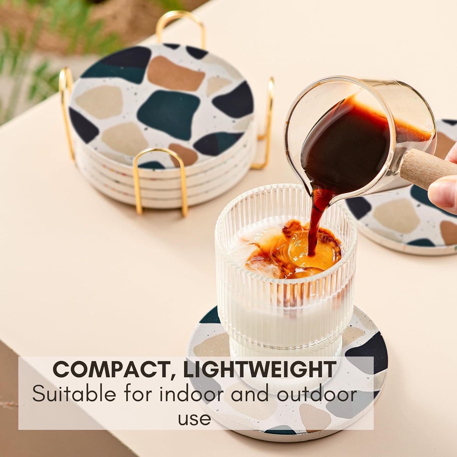 Black Terrazzo Drink Absorbent Coasters with Holder Set of 6, Ceramic Coaster for Drinks, Coffee Table Decor, Water Absorbing Stone Coaster for Drinks (Midnight)